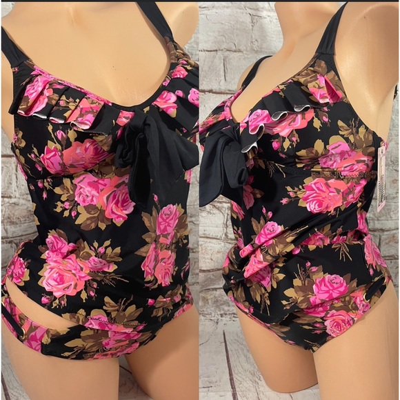 Betsey Johnson Tankini Bikini Swim Bathing Suit Black Pink Gypsy Rose Size S - Picture 1 of 4